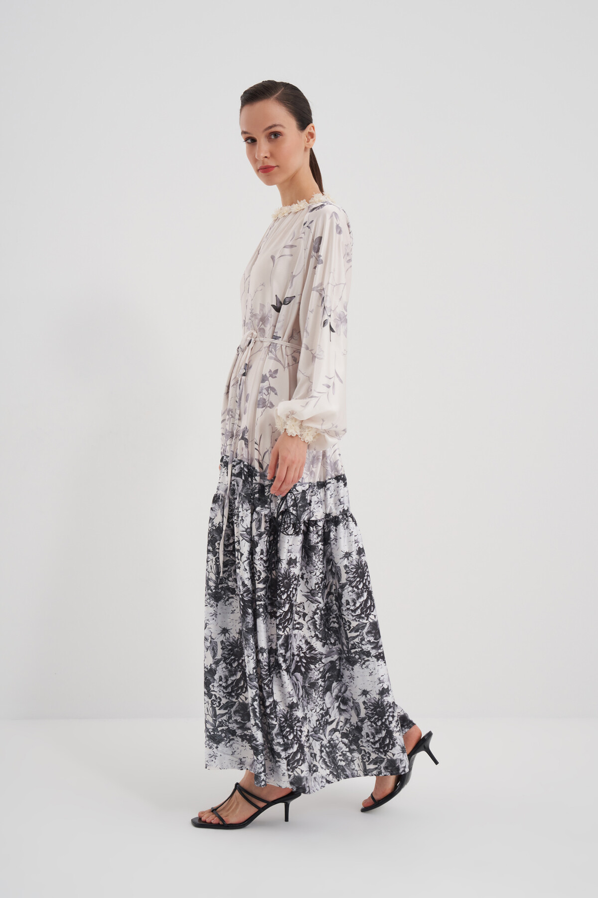 Flower Patterned Dress with Gathered Skirt