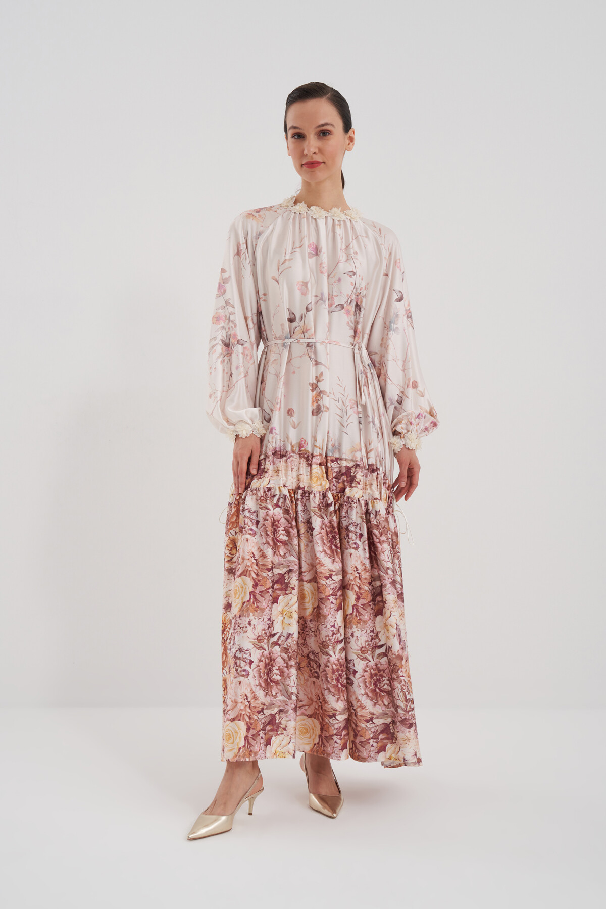 Flower Patterned Dress with Gathered Skirt