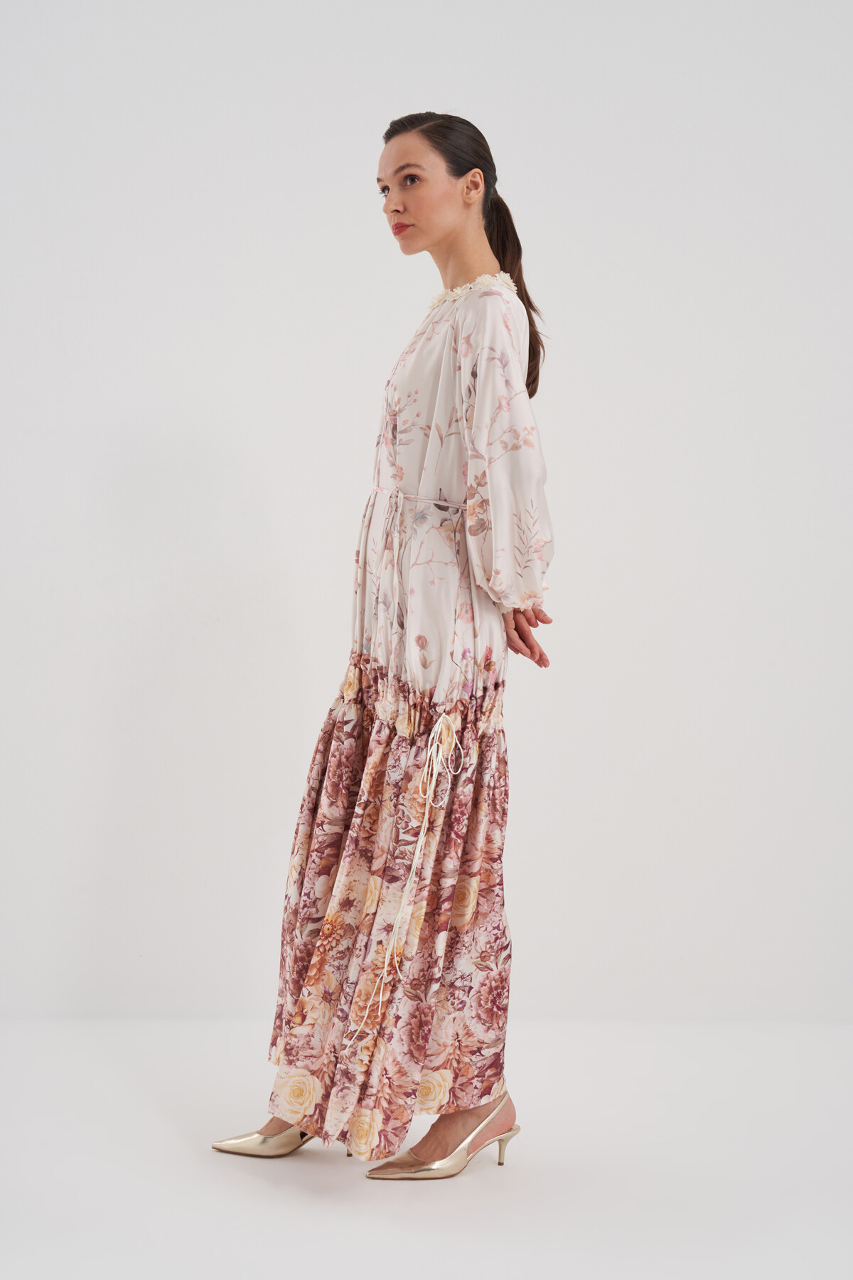 Flower Patterned Dress with Gathered Skirt