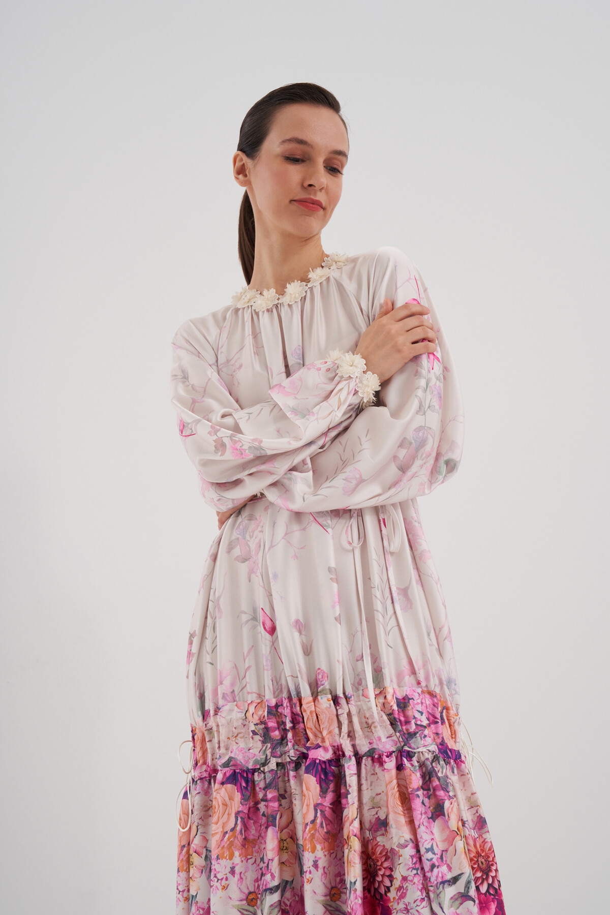 Flower Patterned Dress with Gathered Skirt