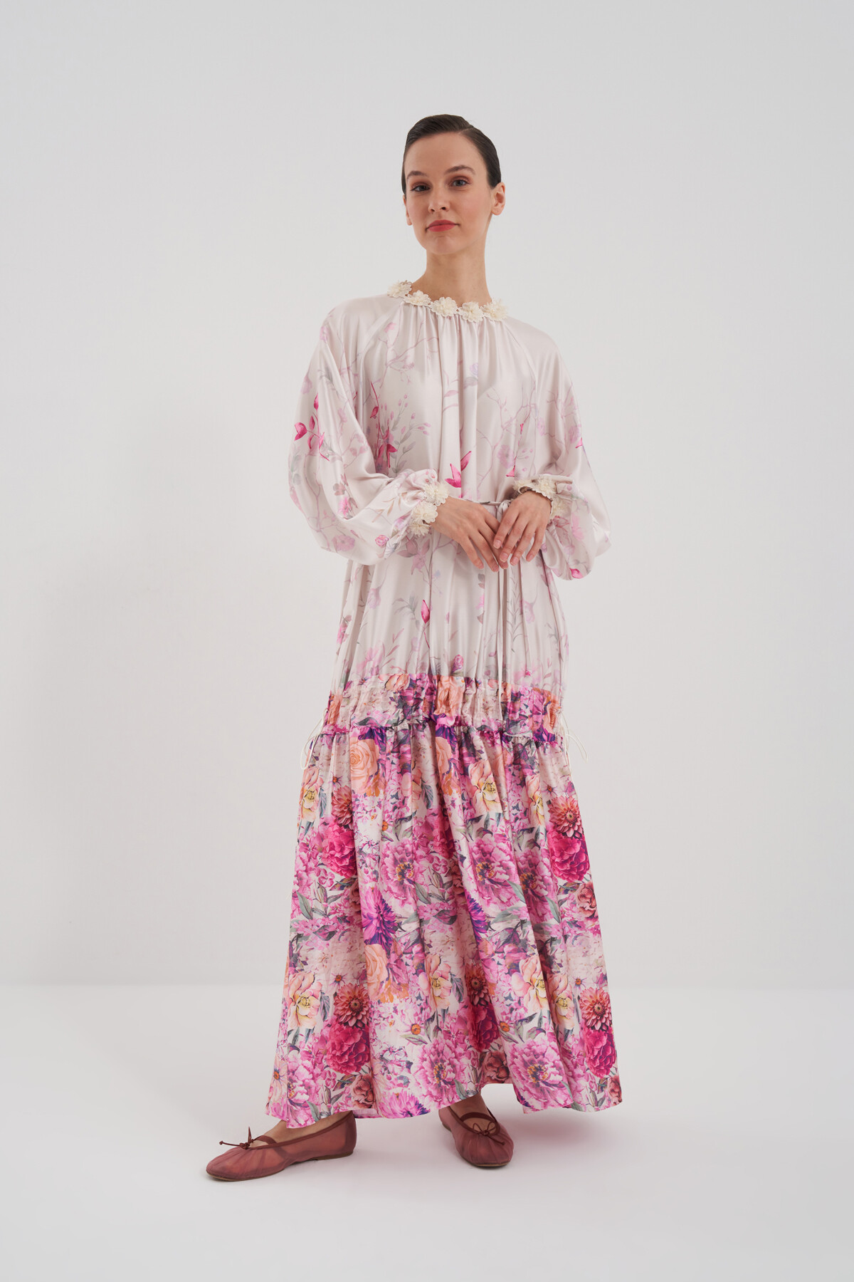 Flower Patterned Dress with Gathered Skirt