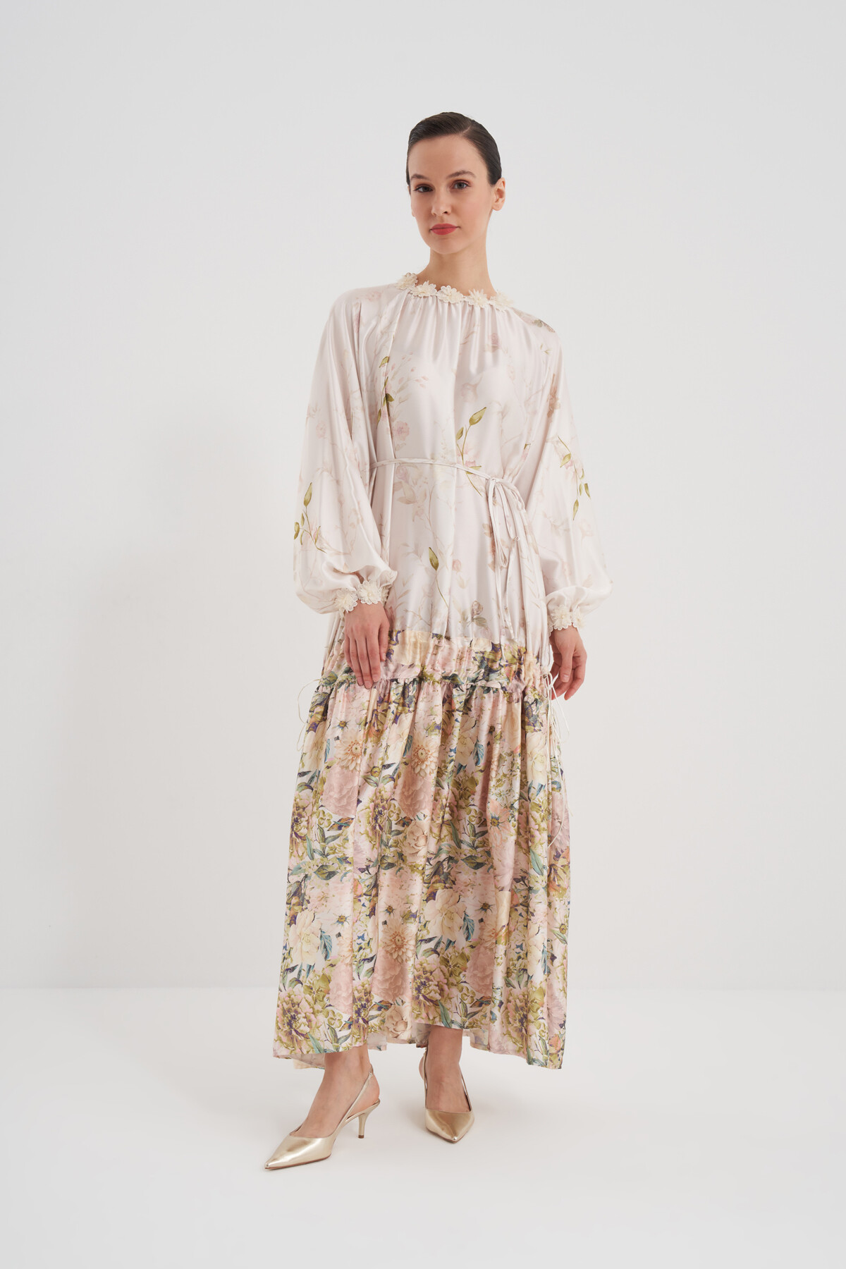 Flower Patterned Dress with Gathered Skirt