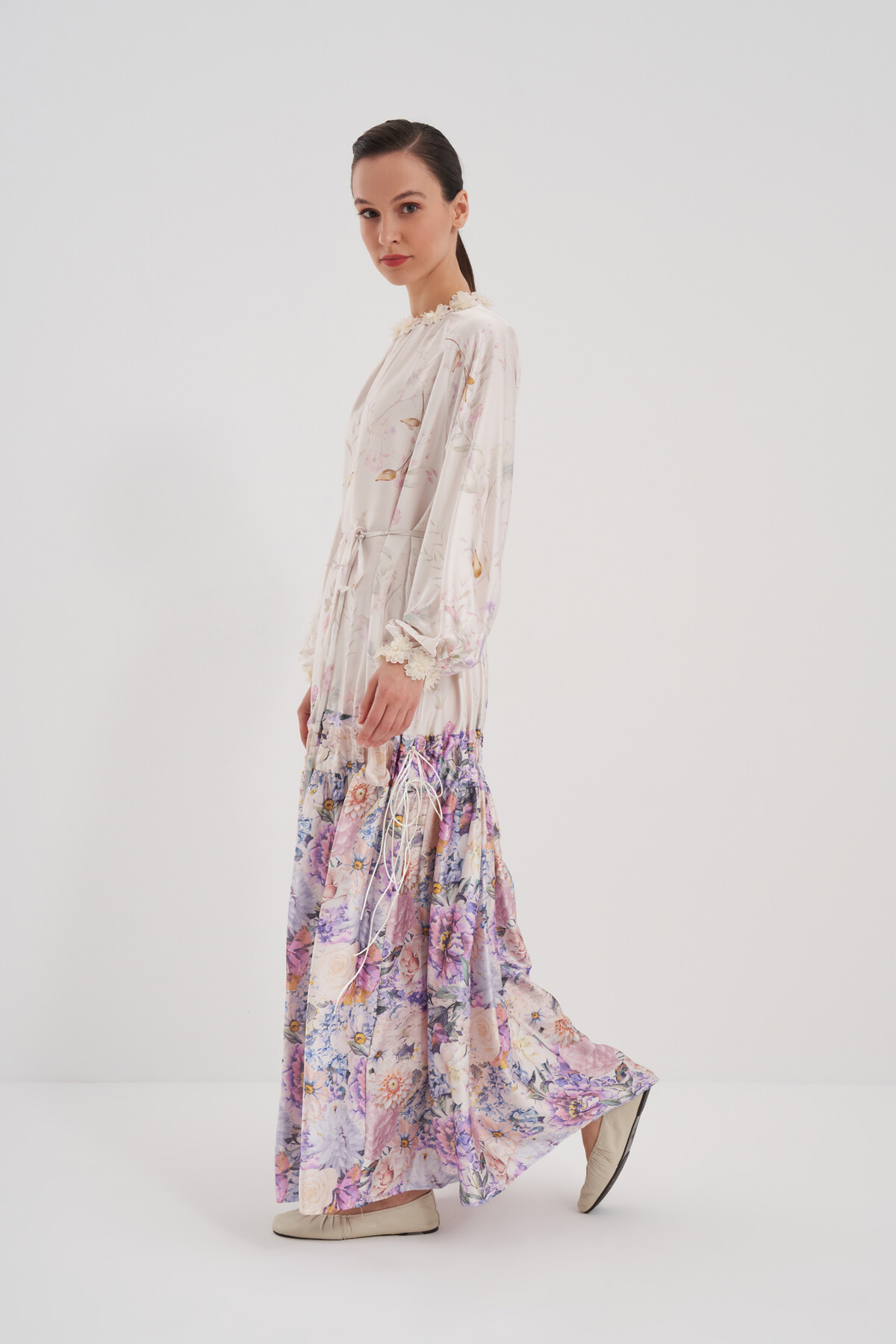 Flower Patterned Dress with Gathered Skirt