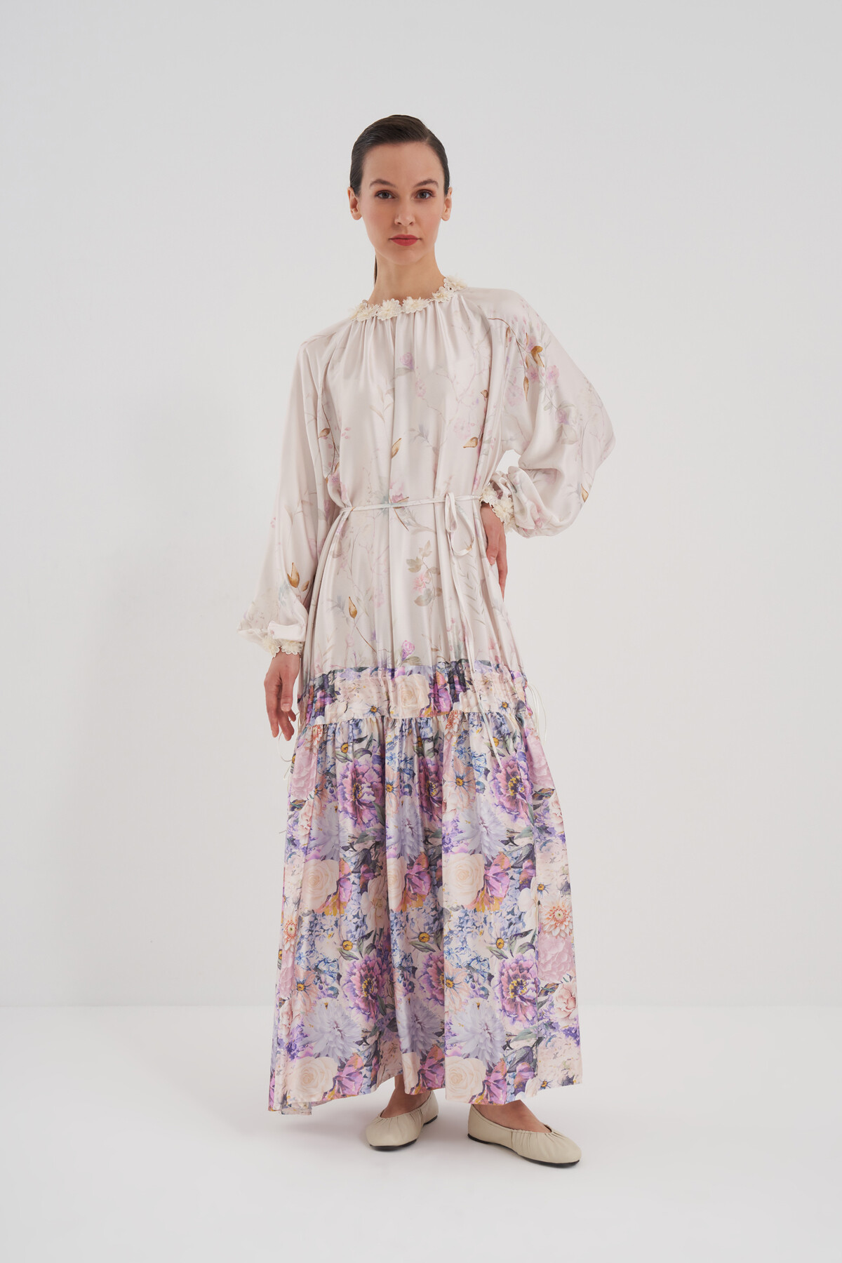 Flower Patterned Dress with Gathered Skirt