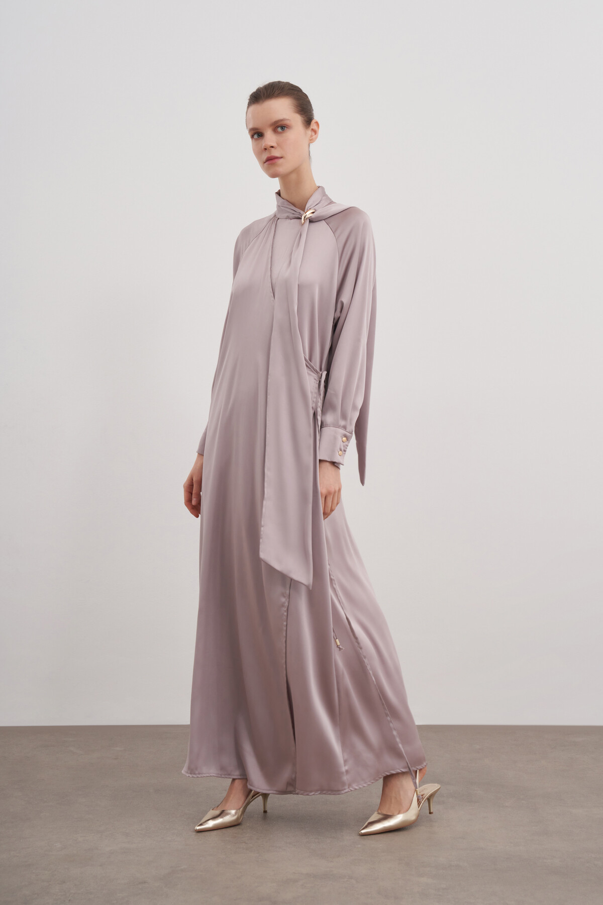Shawl Detailed Tied Satin Dress