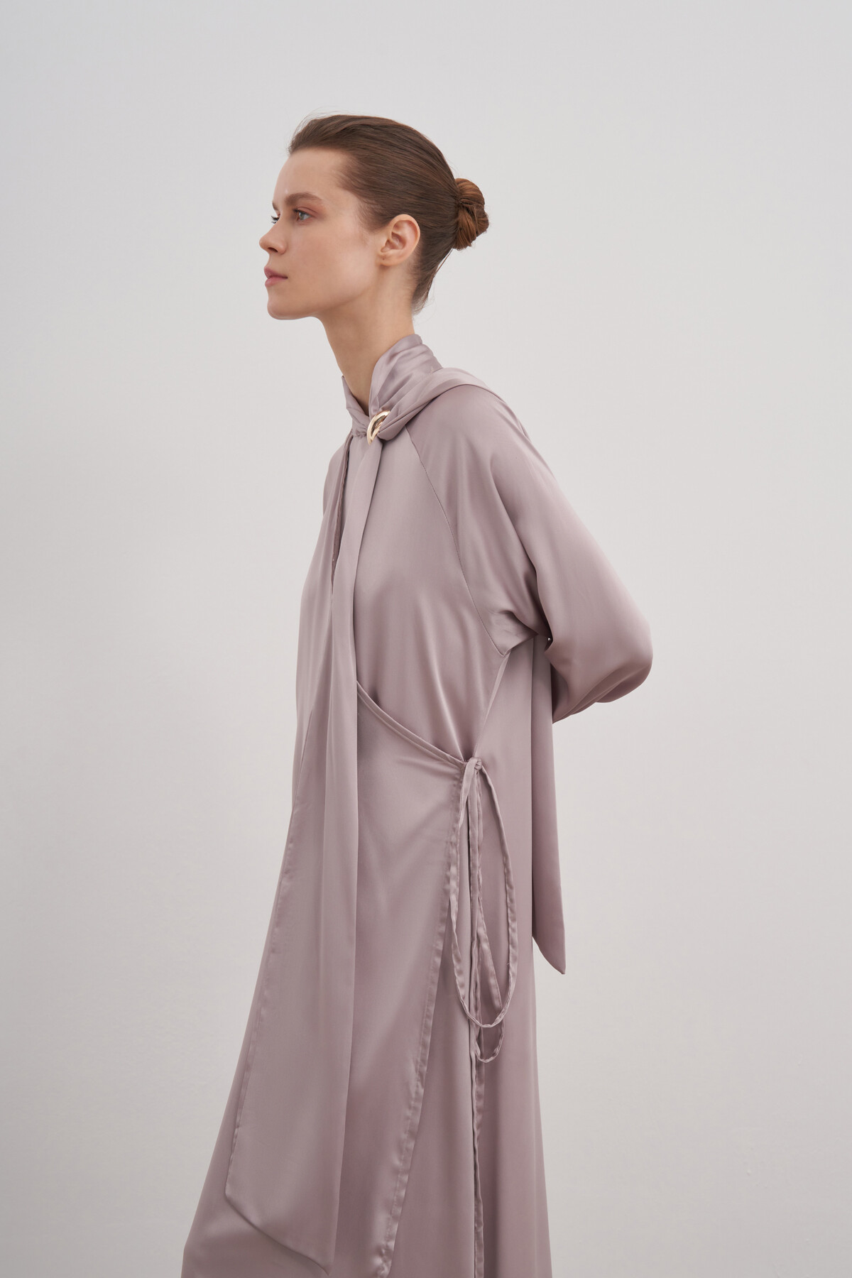 Shawl Detailed Tied Satin Dress