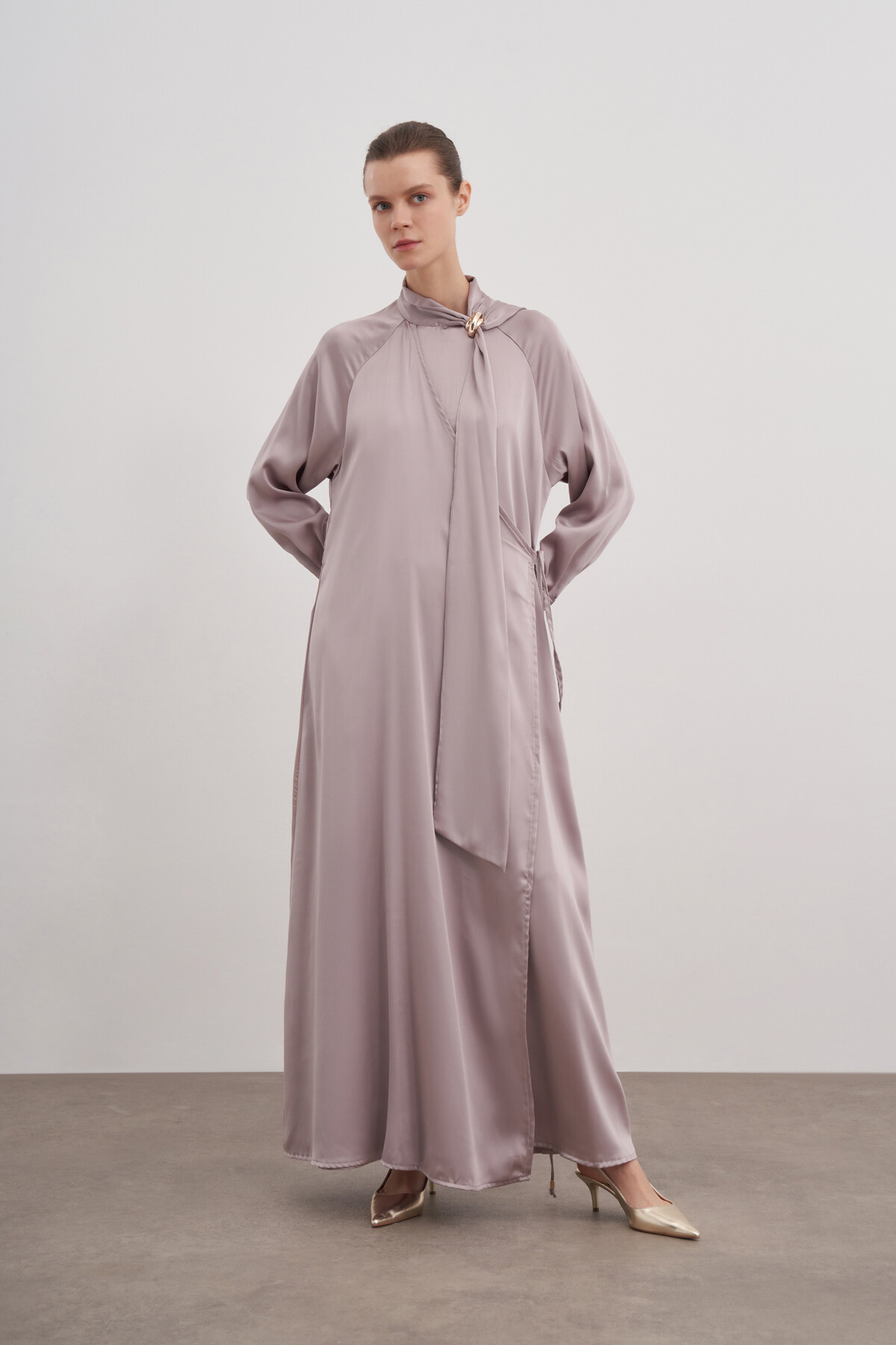 Shawl Detailed Tied Satin Dress