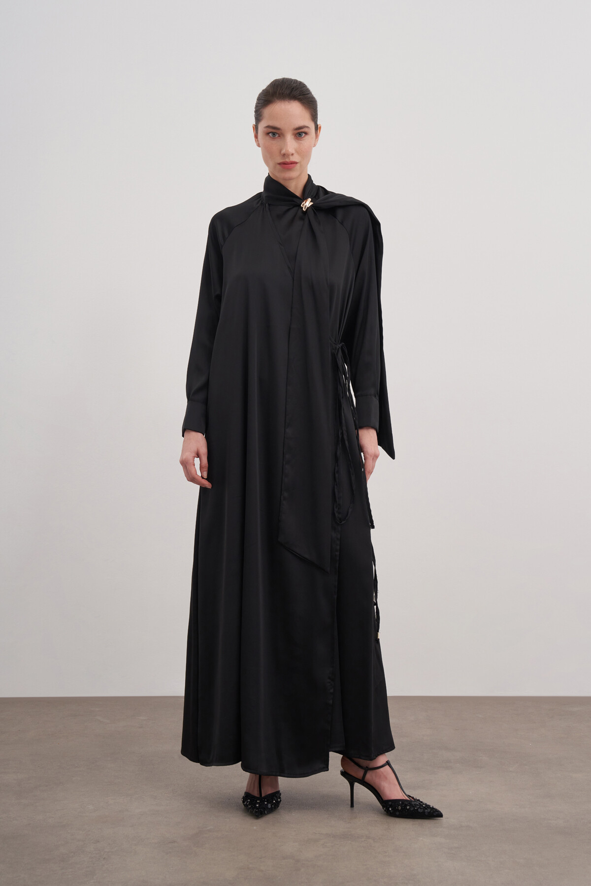 Shawl Detailed Tied Satin Dress