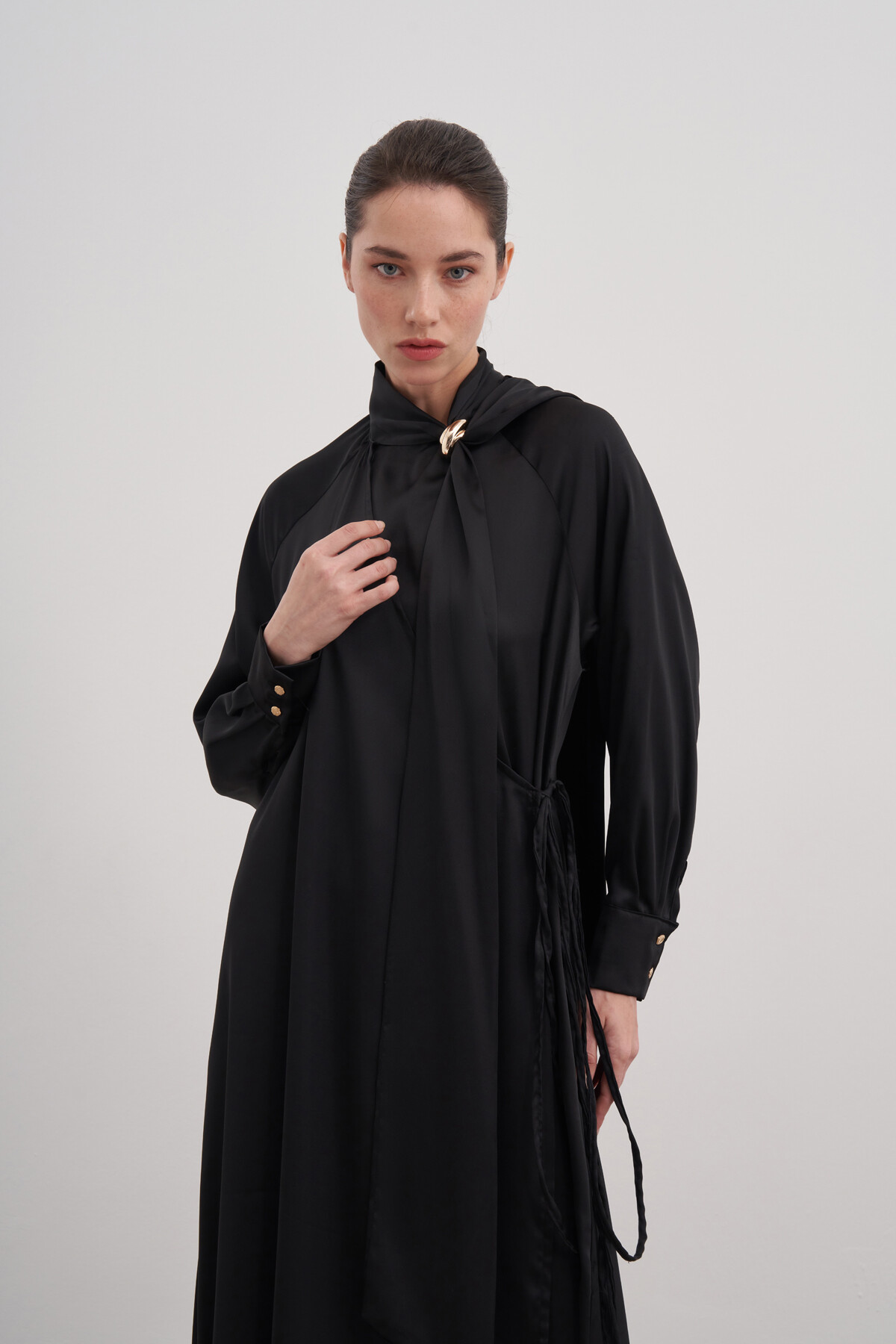 Shawl Detailed Tied Satin Dress