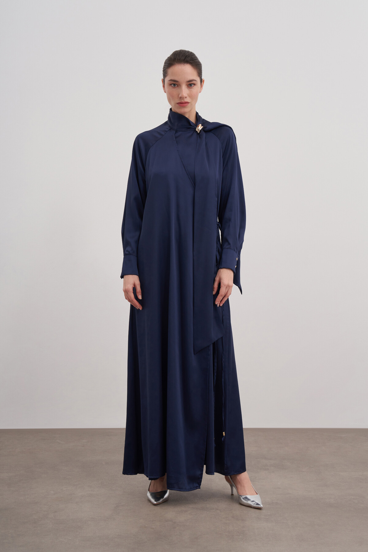 Shawl Detailed Tied Satin Dress