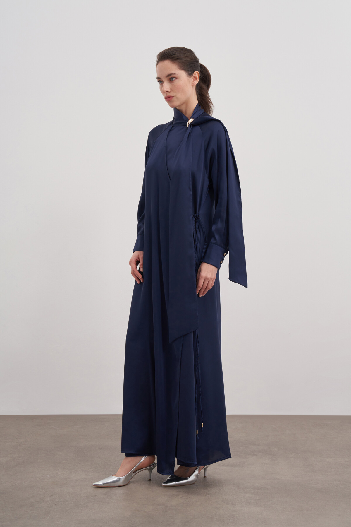 Shawl Detailed Tied Satin Dress