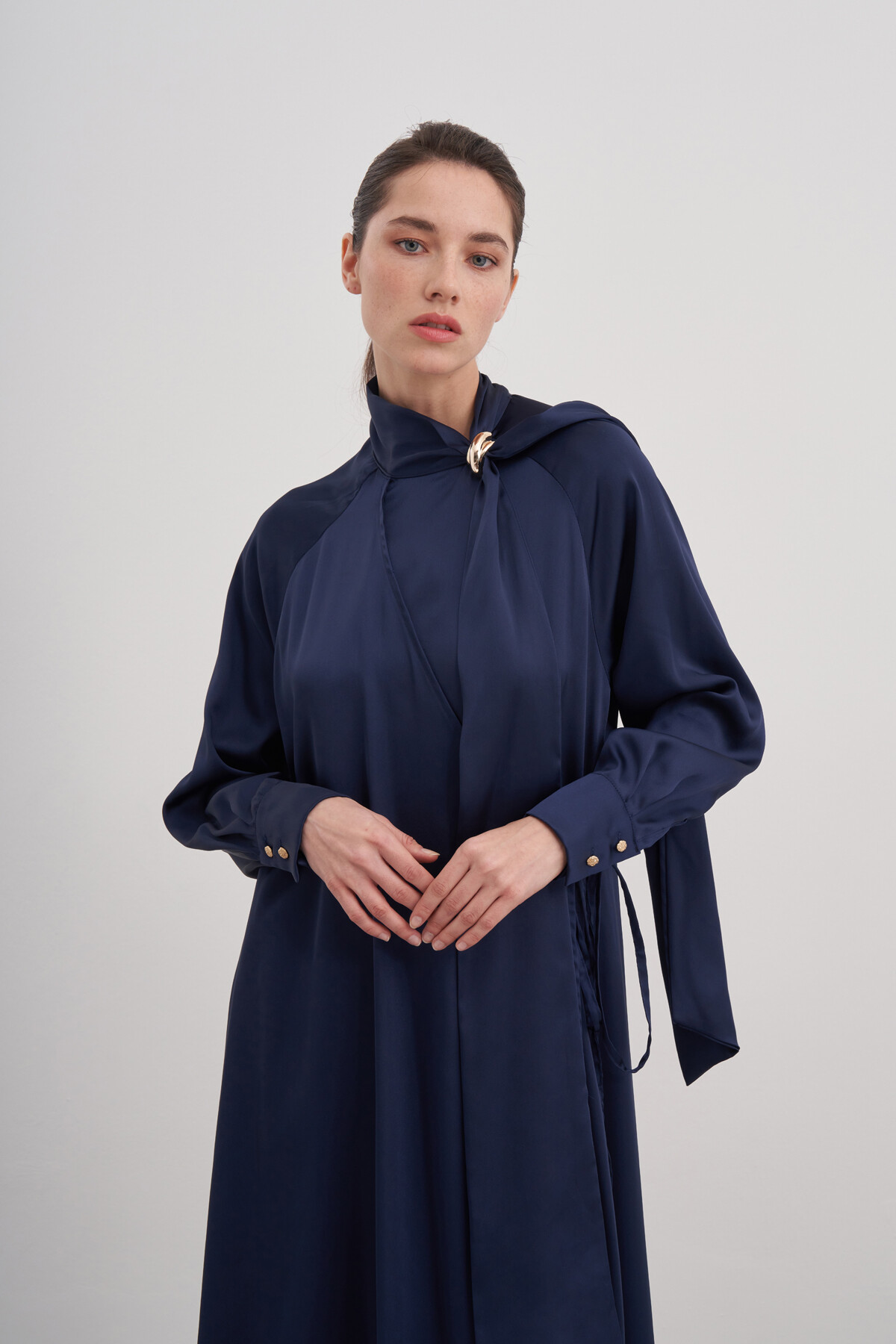 Shawl Detailed Tied Satin Dress