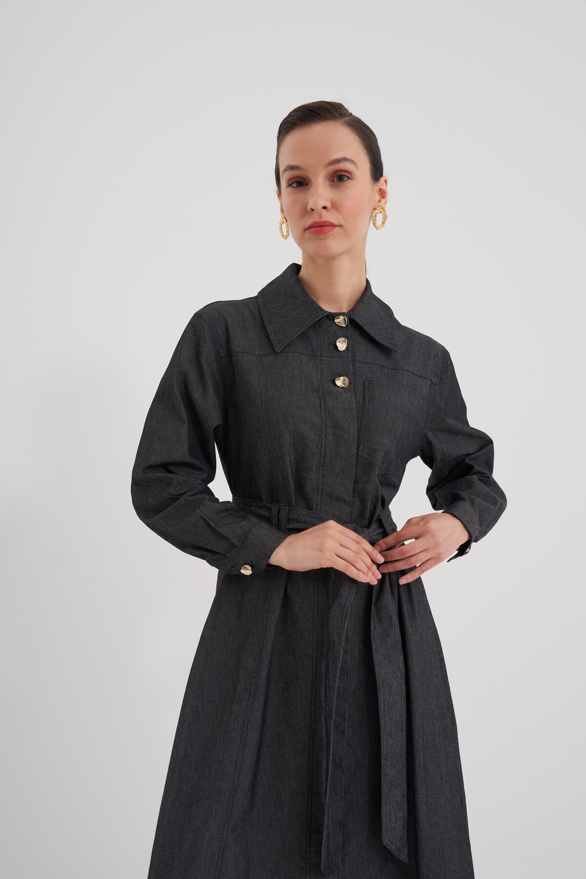 Belted Halter Button Denim Dress