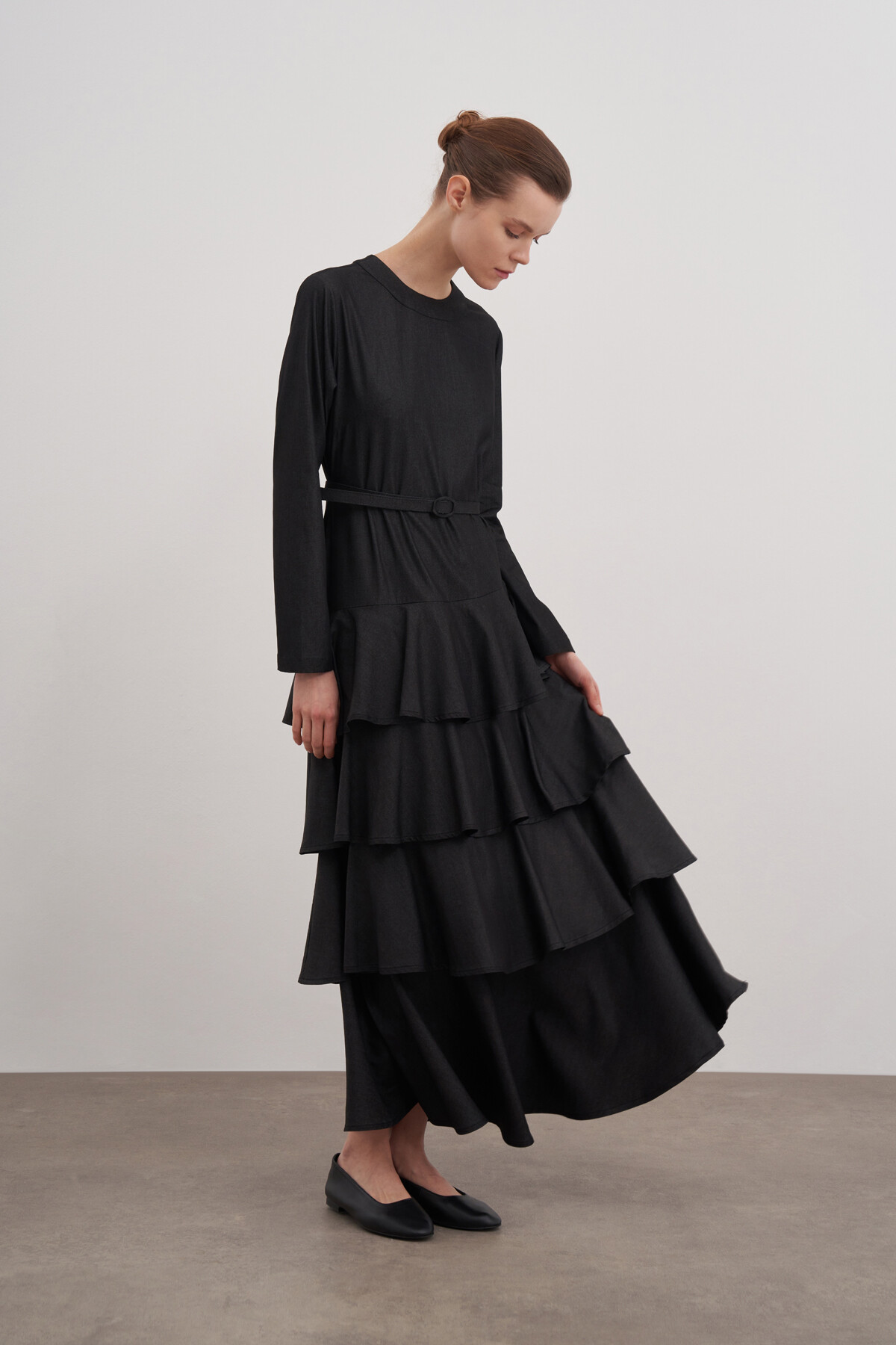 Fırfırlı Kemerli Denim Elbise