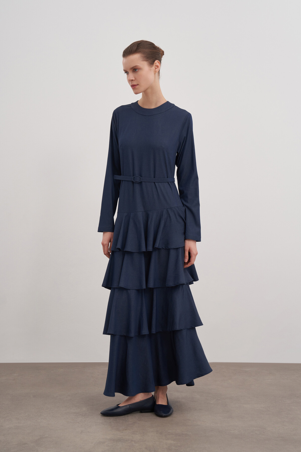 Fırfırlı Kemerli Denim Elbise