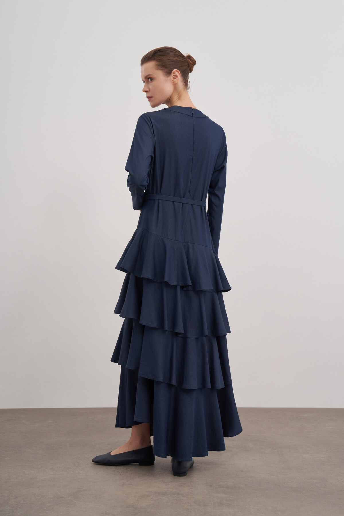 Fırfırlı Kemerli Denim Elbise