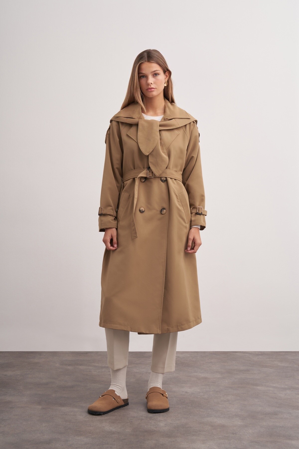 Double Breasted Trench Coat with Scarf