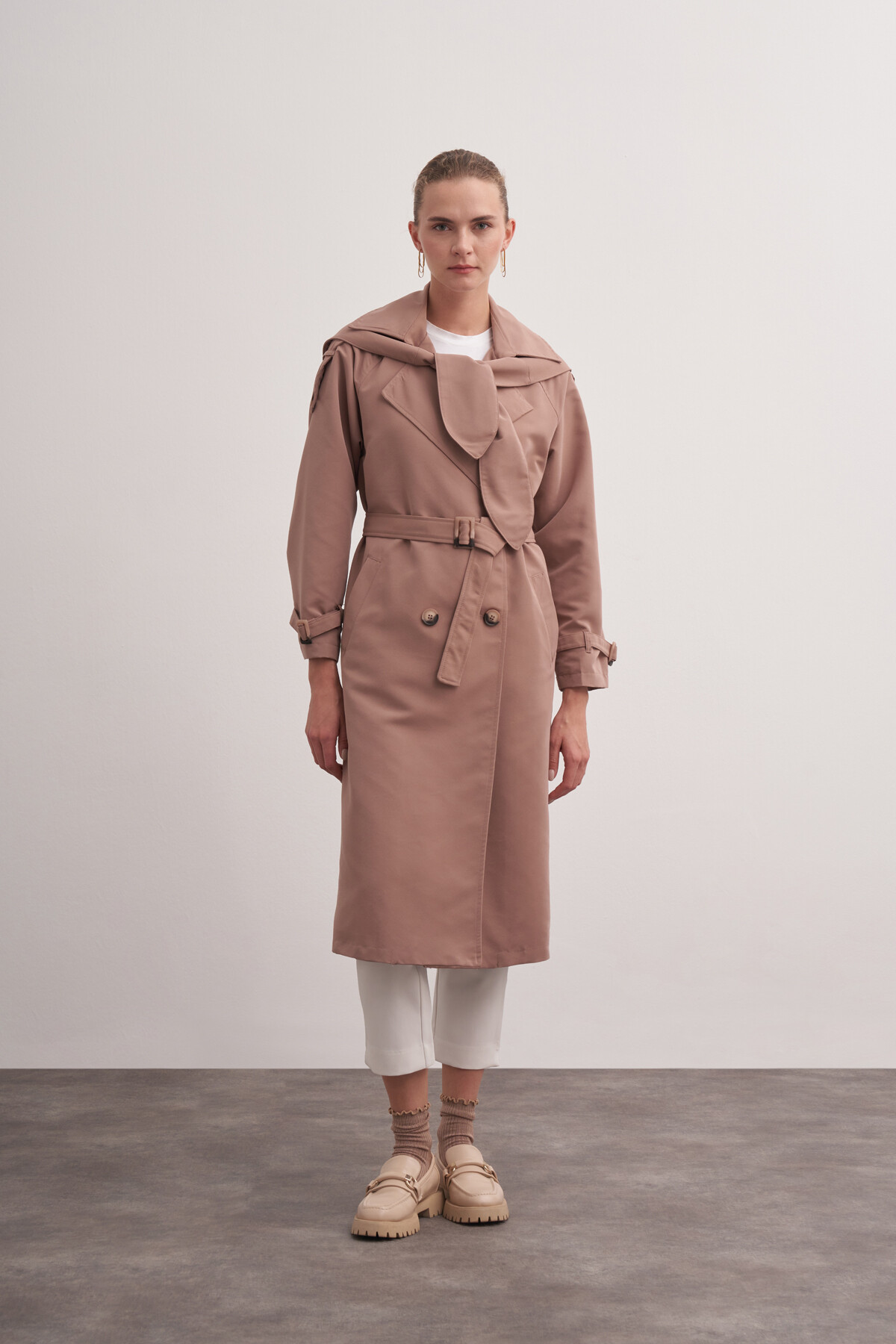 Double Breasted Trench Coat with Scarf