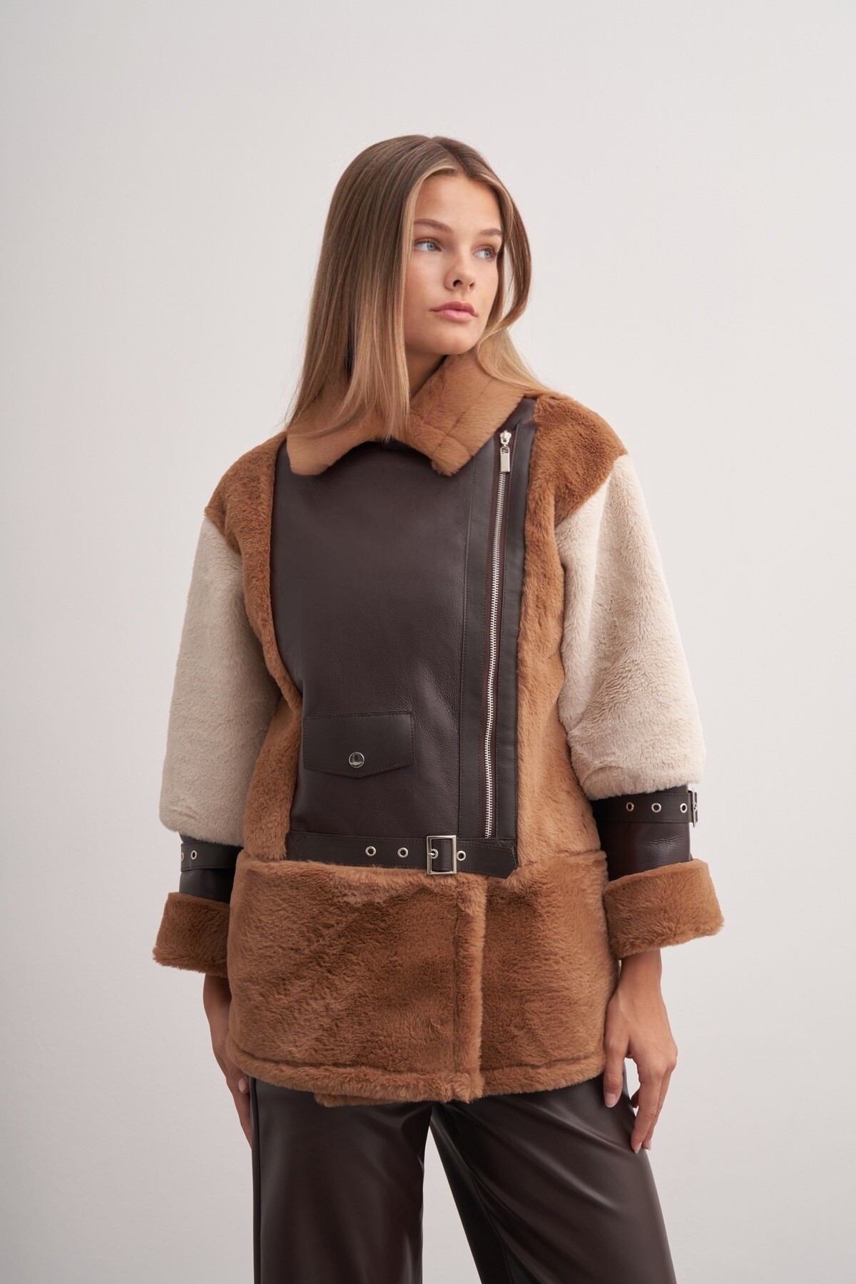 Plush Detailed Zippered Leather Coat