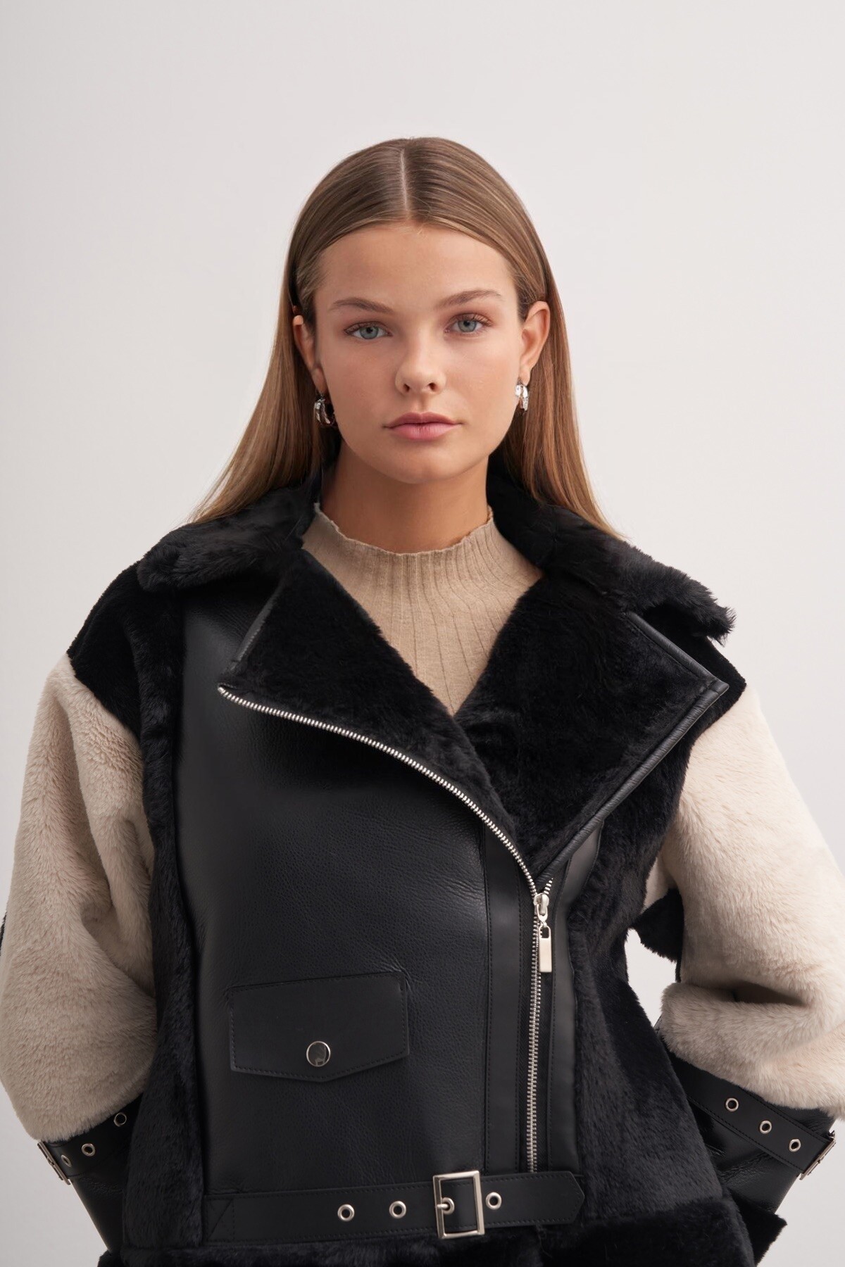 Plush Detailed Zippered Leather Coat