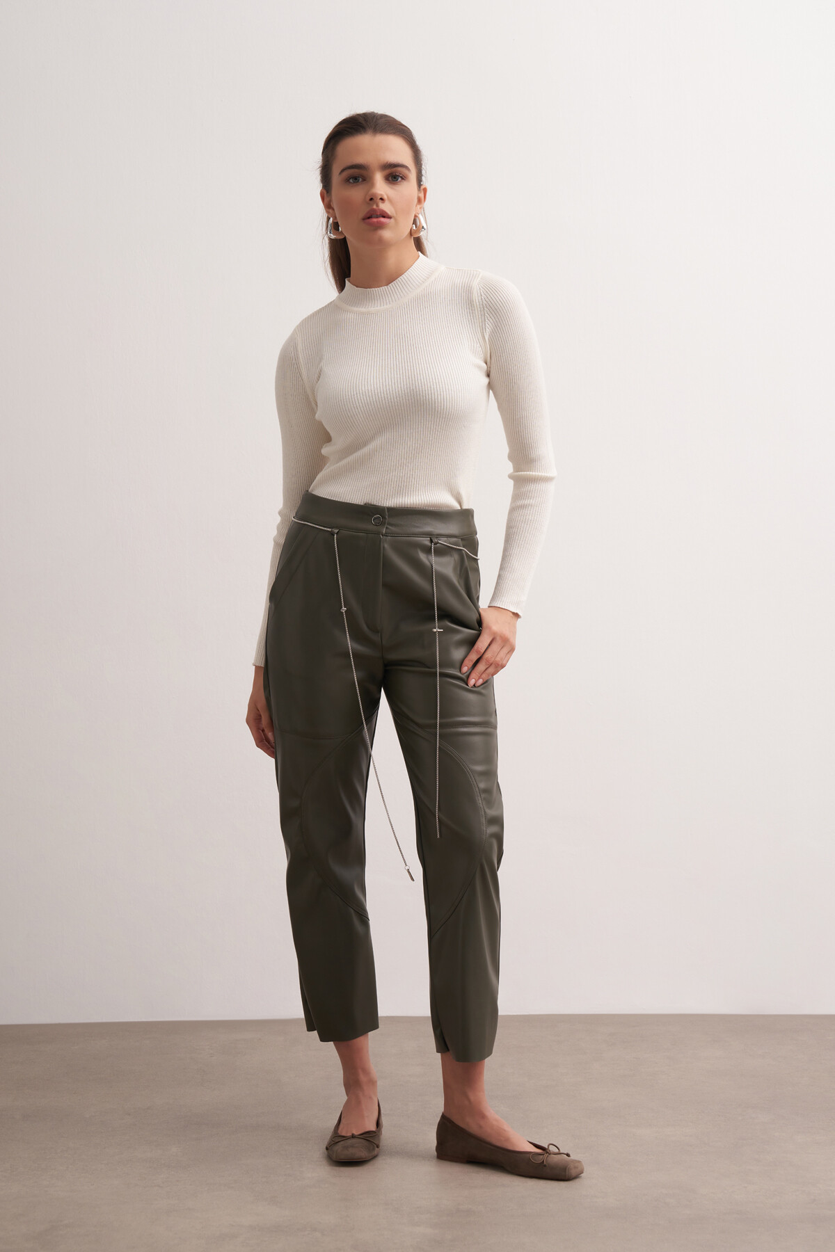 Stitched Leather Trousers with Chain Belt