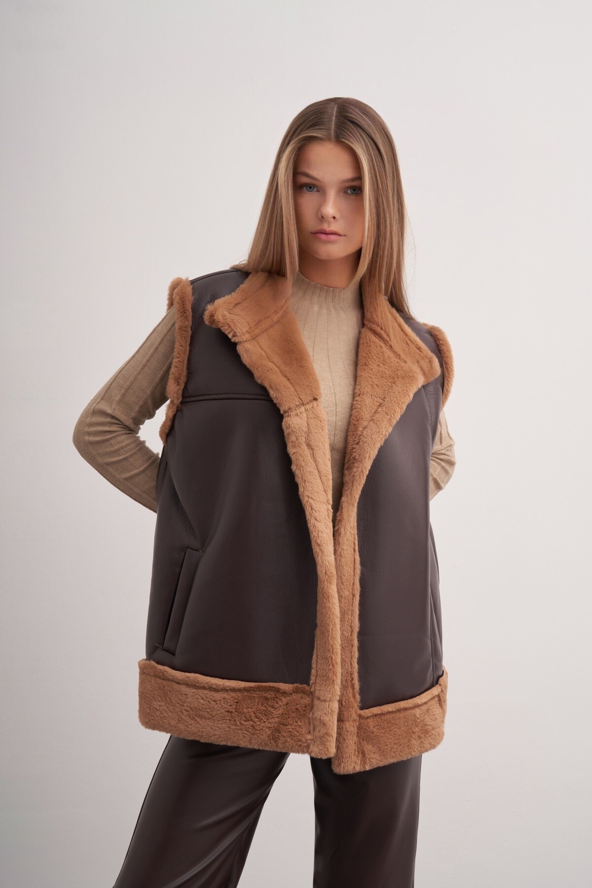 Plush Detailed Leather Vest