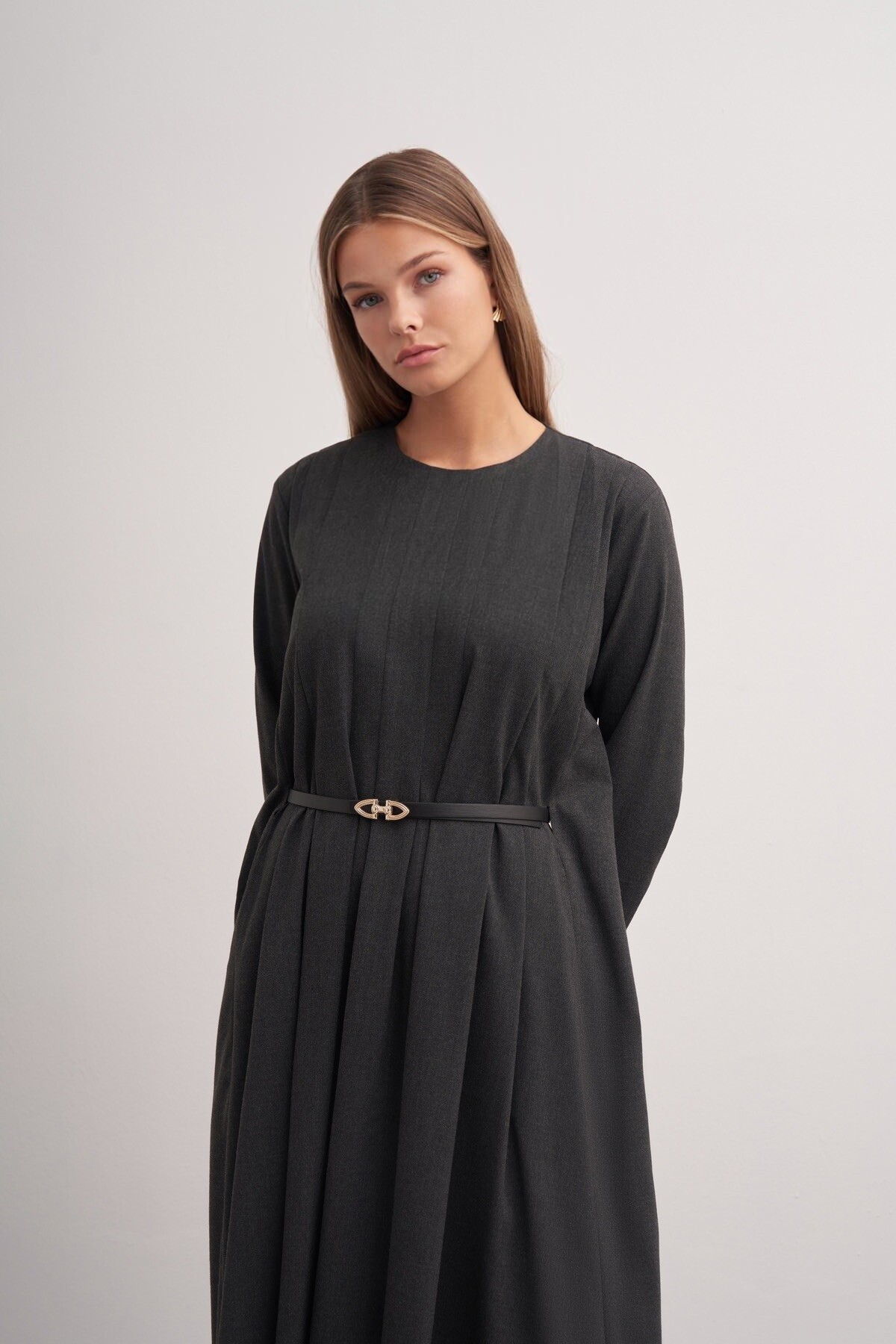 Pleat Detailed Belted Dress