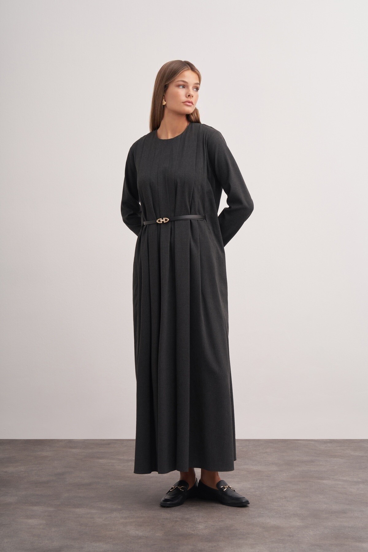 Pleat Detailed Belted Dress