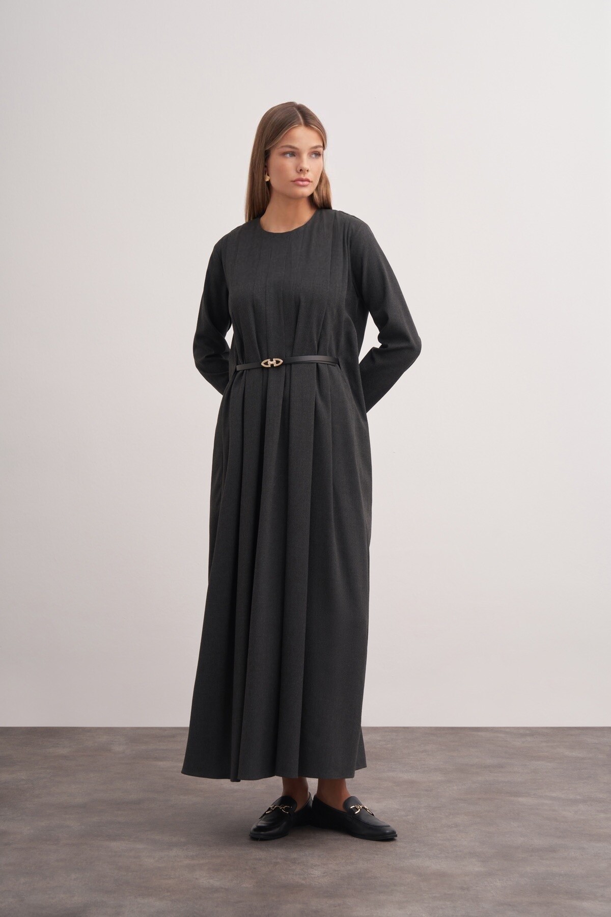 Pleat Detailed Belted Dress