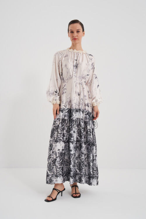 Flower Patterned Dress with Gathered Skirt