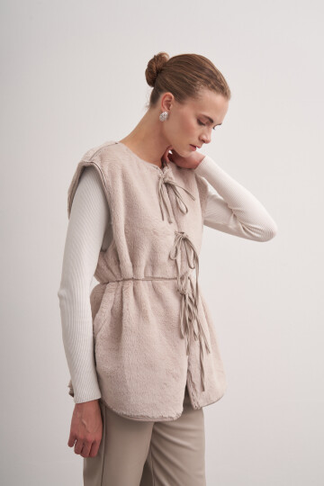 Tied Leather Detailed Plush Vest