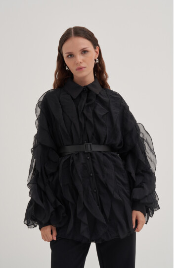 Ruffle Detailed Belted Shirt