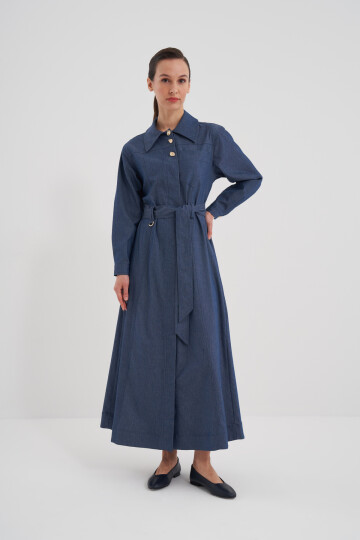 Belted Halter Button Denim Dress