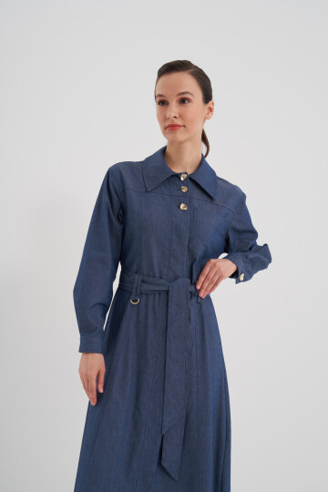 Belted Halter Button Denim Dress