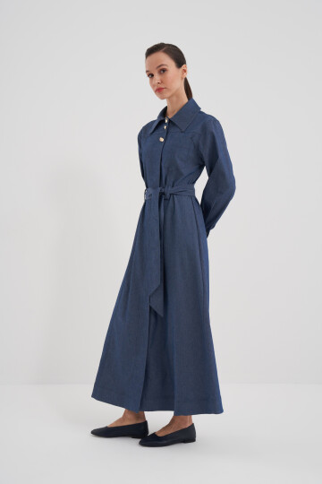 Belted Halter Button Denim Dress