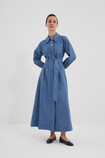 Belted Halter Button Denim Dress