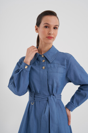 Belted Halter Button Denim Dress