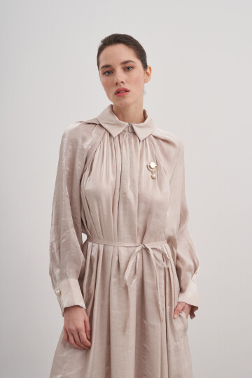 Satin Dress with Brooch Collar Detail