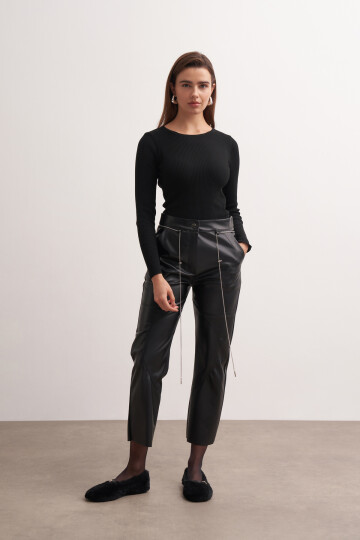 Stitched Leather Trousers with Chain Belt