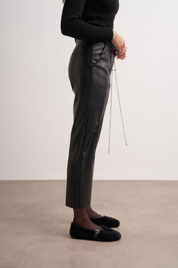 Stitched Leather Trousers with Chain Belt