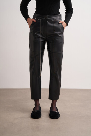 Stitched Leather Trousers with Chain Belt