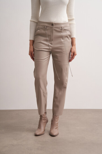 Stitched Leather Trousers with Chain Belt