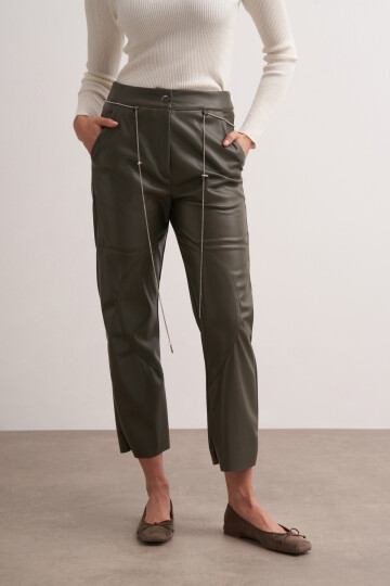 Stitched Leather Trousers with Chain Belt