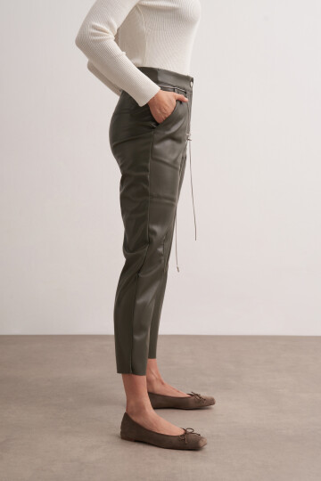 Stitched Leather Trousers with Chain Belt