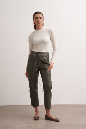 Stitched Leather Trousers with Chain Belt