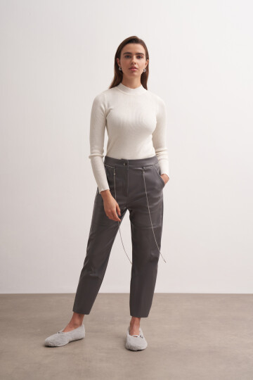 Stitched Leather Trousers with Chain Belt