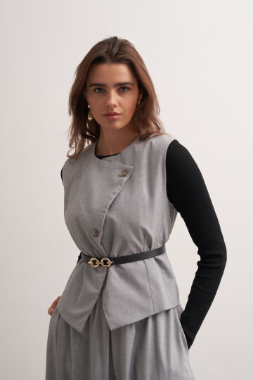 Cross Cut Belted Vest Suit